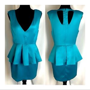 Nasty Gal Los Angeles Turquoise Satin Sleeveless Peplum Dress w/ Back Cut-Outs